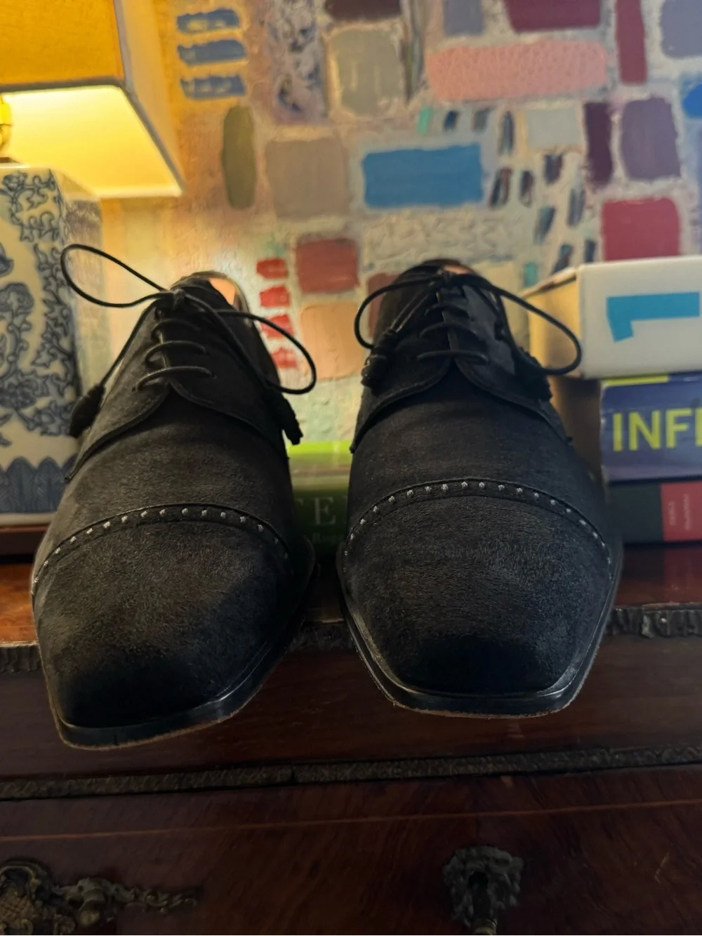 Rare Mezlan Black Suede Cap Toe Oxfords With Elongated Soft Chisel Toe 11.5 D